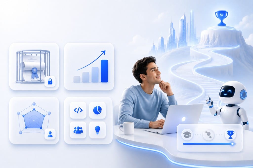 Learner building verified capability with AI teammates and career progress tools