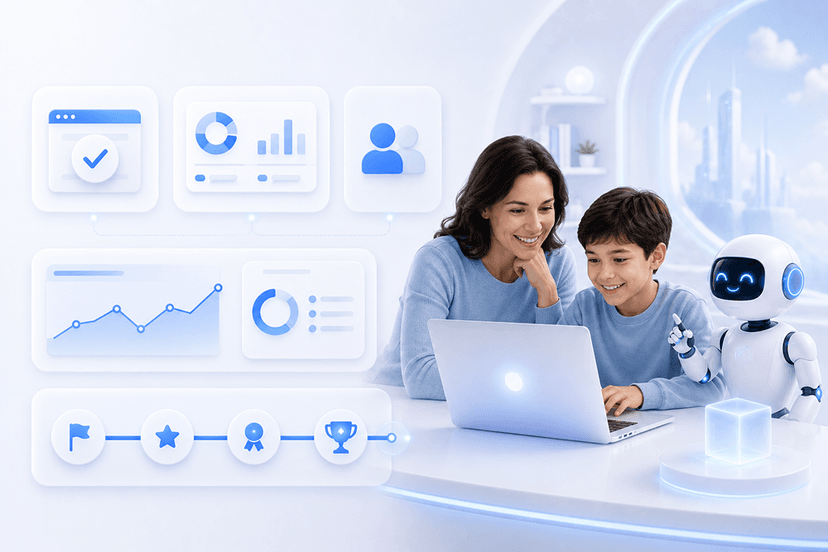 Learner at laptop with floating code, chat and puzzle icons